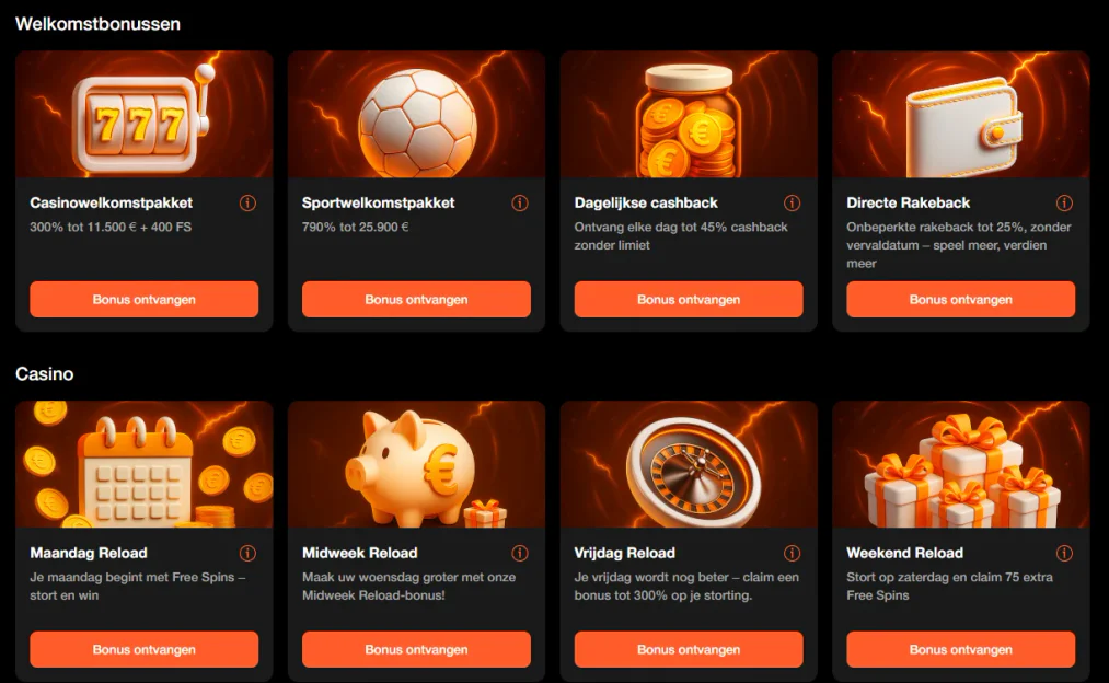 Bonusoverzicht van Betoranje Casino met een casinowelkomstpakket, sportwelkomstpakket, dagelijkse cashback en rakeback