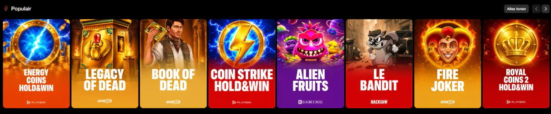 Slotlobby van Betoranje Casino met populaire gokkasten zoals Energy Coins, Legacy of Dead en Coin Strike